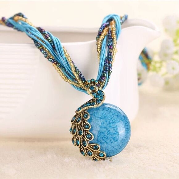 New Blue Natural Round Stone Rhinestone Peacock Beaded Statement Necklace - Picture 7 of 7